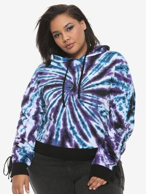 Hot topic purple & blue tie dye cinch sleeve cropped pullover hoodie